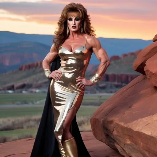 Prompt: Sylvester Stallone transformed into A gorgeous muscular 35-year-old British drag queen bodybuilder with large busom, dark eye makeup, dark lipstick, a long curly dark blonde hair, wearing an asymmetrical gold sequined gown, and 8 inch platform stiletto high heel knee-high boots, Colorado Red Rocks at sundown in the background. 