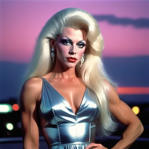 Prompt: Photorealistic retro 1980s documentary full-length still photograph, gorgeous hyper-muscular feminine classy drag queen with long straight shiny platinum blonde hair, wearing an 80s style party dress, award winning photography, journalism Photo, candid, socialite, dusk, beautiful retro amazing style, bold color palette