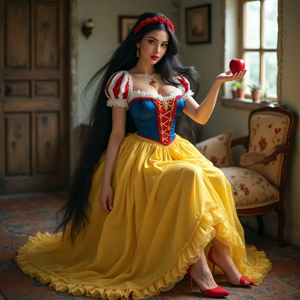 Prompt: Gorgeous ultra-muscular 25-year-old Finnish goddess with huge busom and ridiculously long straight shiny black hair dressed as Snow White with a yellow frilly dress, a blue & red corset, a red ribbon in her hair, and 8 inch stiletto high heel shoes.  Holding an apple in a quaint cottage.