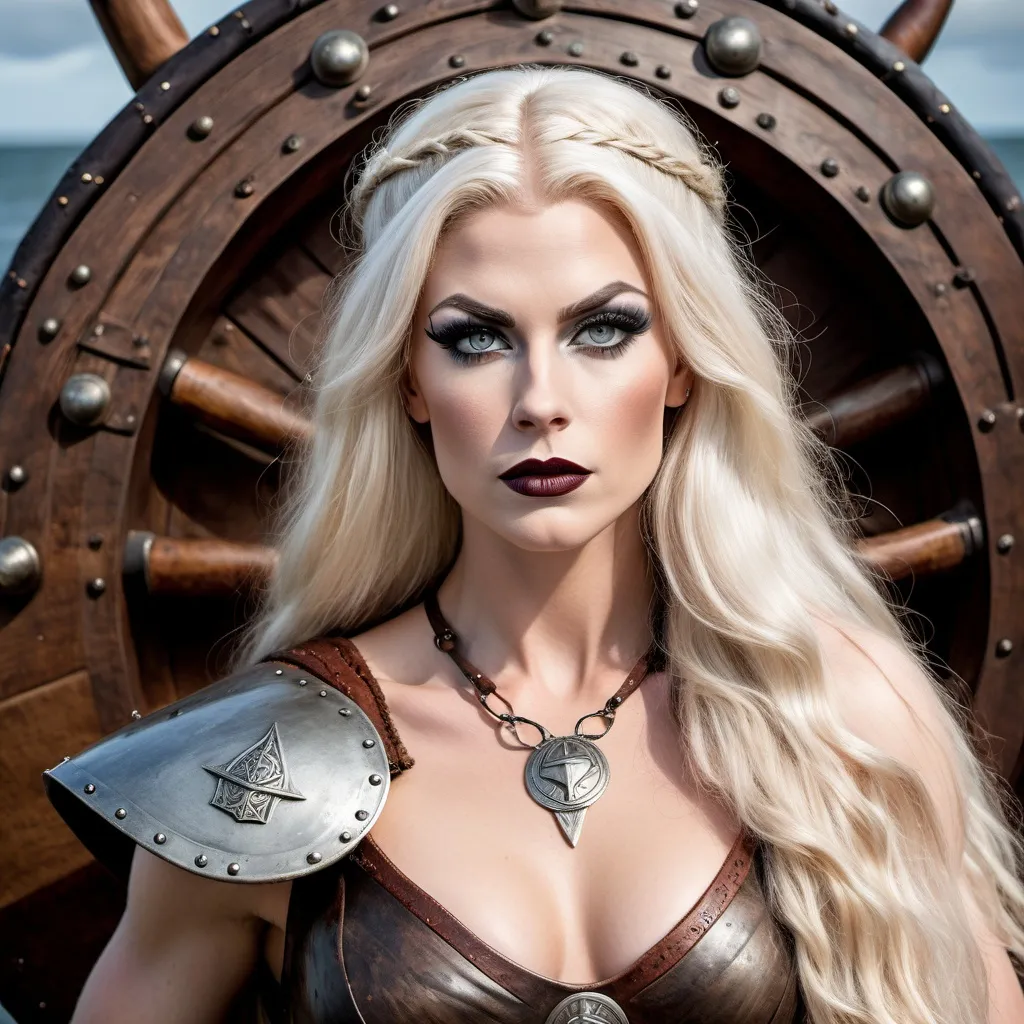 Prompt: A full length image of a Gorgeous muscular 25-year-old drag queen shield (with slight masculine jawline and brow facial features) maiden of the Viking Kingdom of Jorvik 875AD standing by A Viking Longship. She has long loose platinum blonde hair, dark eye make and dark lipstick..  She has a large busom. She is wearing traditional Viking female clothing of the period. She is wearing Viking face and body jewellery.