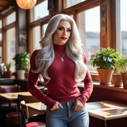 Prompt: Create a portrait of a gorgeous ultra-muscular 25-year-old Czechian drag queen, with long, flowing silver hair and warm brown eyes, Athletic physique. She stands in a sunlit café, wearing a casual, stylish outfit—a soft crimson sweater and high-waisted jeans. The background features rustic wooden tables and potted plants, while sunlight filters through the large windows, casting gentle shadows. Her expression is thoughtful, with a hint of a smile, as she gazes out the window, lost in a moment of reflection