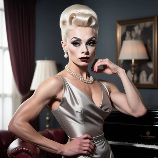 Prompt: photorealistic, (old Hollywood style), (sophisticated gorgeous muscular 25-year-old Russian drag queen bodybuilder (strong masculine jawline and brow features)), elegant attire reminiscent of Audrey Hepburn, full length body, platinum blonde hair styled in vintage glamour, dark smoky eyeshadow and dark red lipstick,  soft lighting capturing a nostalgic atmosphere, muted pastel colors, timeless beauty, luxurious and refined setting, classic film vibe, vintage glamour, HD, ultra-detailed,