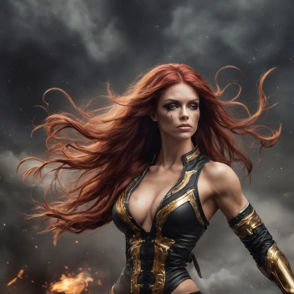 Prompt: Provide A full body, 4k resolution, photo of a gorgeous ultra-muscular 25-year-old Swedish drag queen bodybuilder with extra long dark red hair (((blowing in the wind))) wearing warriors. Black and gold armor, fighting of an ancient evil.