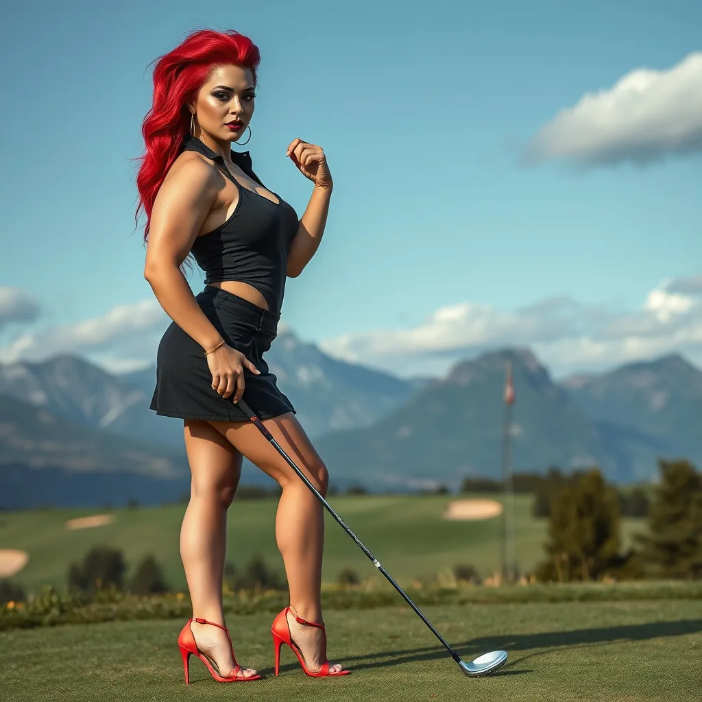 Prompt: a gorgeous ultra-muscular 25-year-old Finnish drag queen bodybuilder with large busom and bright red hair, wearing a golf skirt and cute tank top, 8 inch stiletto high 
heel shoes, smokey eye shadow  and dark red lipstick, holding a golf club and posing for a picture on the golf course with mountains in the background, Evelyn Abelson, superflat, professional, a stock photo