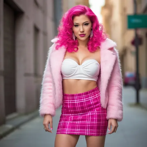 Prompt: A full-length hi-res digital photograph of a gorgeous ultra-muscular 25 years old Czechian goddess with huge busom, cute white sparkly bandeau top, hot pink furry clubbing jacket, cute hot pink and white checked mini skirt, 8 inch stiletto high heel shoes, extremely long pink wavy hair. Composition focus on full-body and legs.