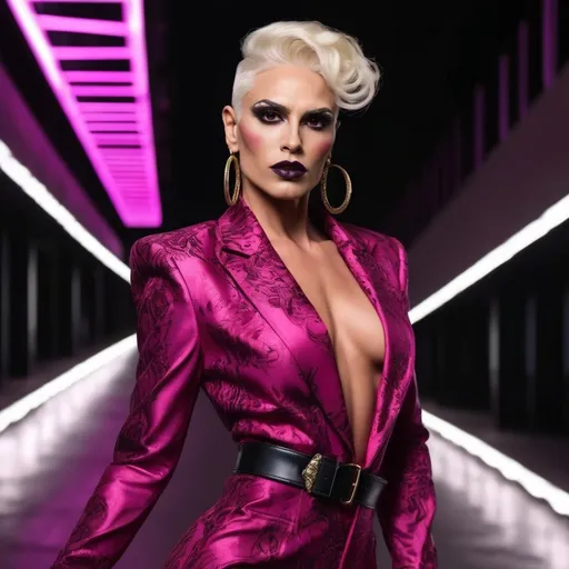 Prompt:  (A gorgeous muscular 35-year-old Macedonian drag queen (masculine jawline and brow features) with dark eyeshadow, 
dark lipstick,  and platinum blonde hair wearing a magenta Versace), fierce pose, dramatic (red and black color palette), high-fashion editorial style, luxurious fabric textures, sleek and chic outfit details, vivid presence, modern ambiance, strong emotional intensity, cinematic lighting, backdrop of elegant high-fashion runway, (ultra-detailed, 4K).