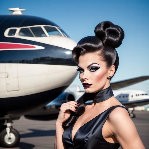 Prompt: Gorgeous ultra-muscular 25-year-old Finnish hour glass figured drag queen with ridiculously long wavy black updo bun hairstyle, dark eye makeup,  dark lipstick, dressed as a 1960s stewardess,  passenger plane in background. Full length photography.