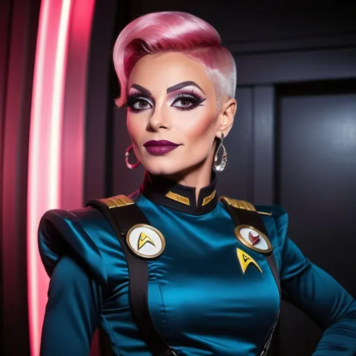 Prompt: Gorgeous ultra-muscular 25-year-old Czechian drag queen, Kylie Sonique Love, Star Trek Uniform, harness:1.4, full lips, short swept over pink hair, heavy mascara, dark eyeshadow, dark red lipstick, Bridge Command Center Background, instagram pose, smiling, raw photo, sharp focus on eyes, film grain, magazine cover, high quality, clothing details, fine fabric, full body, art student, (official art, extremely detailed CG unity 8k wallpaper), beautifully detailed eyes, detailed fine nose, detailed fingers, (8k), (best quality), ( masterpiece:1.2), (realistic), ( photorealistic:1.57), extremely detailed handsome gentlebeing, couture, magazine cover, textless, high quality, clothing details, fine fabric, full body, 8k, cinematic lighting (high detailed skin:1.1) ,Enhance,Golden Inspiration