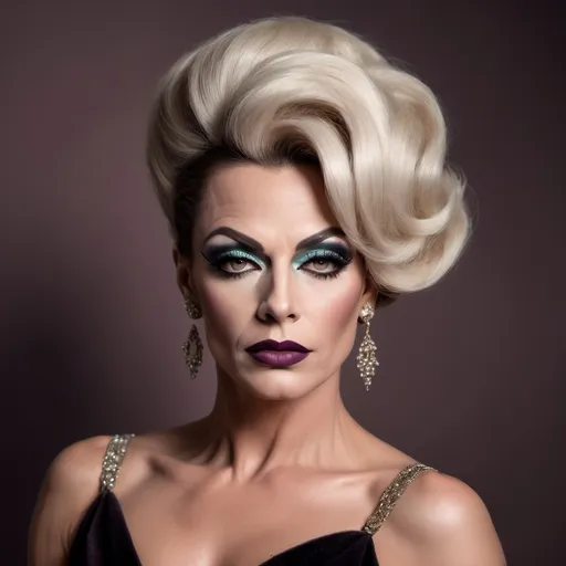 Prompt: photorealistic, (old Hollywood 1960s style), (a Gorgeous muscular 40-year-old Hungarian drag queen (extremely strong masculine jawline and brow features)), elegant attire, dark eye makeup, dark lipstick, full length body, soft lighting capturing a nostalgic atmosphere, muted pastel colors, random hair color, random hair length, timeless beauty, luxurious and refined setting, classic film vibe, vintage glamour, intricately detailed background elements, opulent decor, art deco influences, airy ambiance, warm tones, HD, ultra-detailed, cinematic quality.