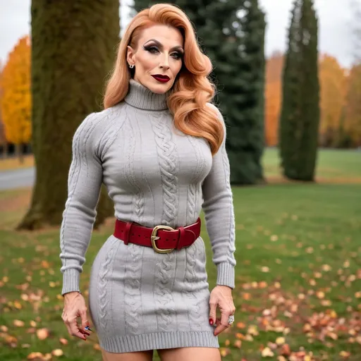 Prompt: Dressed in a cozy light gray knitted sweater dress featuring a high turtleneck and pattern detailing, the Gorgeous muscular 35-year-old olive-skinned French drag queen bodybuilder (with masculine facial features, dark lipstick, large busomto strawberry-blonde hair) exudes warmth and style against an autumnal backdrop. A chic beige belt accentuates her waist, adding a touch of sophistication to her look. She pairs the dress with sleek over-the-knee black boots that elongate her legs, while her wavy hair cascades effortlessly over her shoulders. The earthy tones of fallen leaves scattered on the ground complement the scene, suggesting a cool, crisp day, perfect for outdoor outings. Her playful pose and subtle pout convey a confident, carefree spirit, inviting warmth amidst the chilly setting.