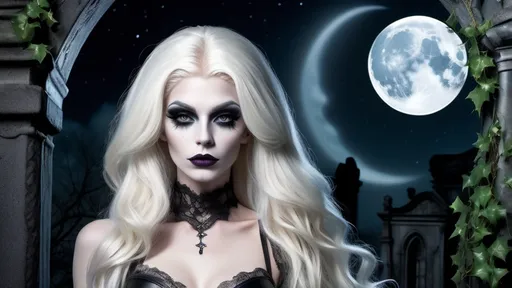 Prompt: In a moonlit cemetery, amidst weathered tombstones draped in ivy, stands a striking figure—a gorgeous ultra-muscular 25-year-old drag queen gothic goddess with platinum blonde hair cascading like liquid mercury against the darkness. Her porcelain skin, seems to glow ethereally under the moon's gentle caress. Adorned in lace and leather, 8 inch stiletto high heel shoes, her attire exudes an aura of mystery and allure.

High quality, highres, perfect, beautiful