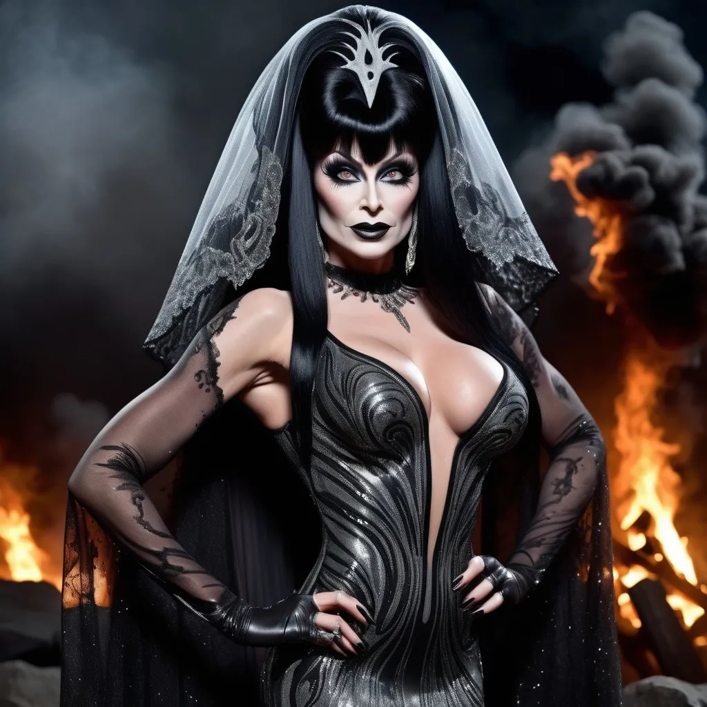 Prompt: (Drag queen bodybuilder) Elvira, enchanting transformation, black and silver Versacedesigner dress, dark glamorous colors, dark spooky ambiance, moonlit background, fire and dark magical elements, (dramatic) lighting, exquisitely detailed facial features, captivating expression, veil and tiara, HD, ultra-detailed, contemporary art style with a gothic twist.