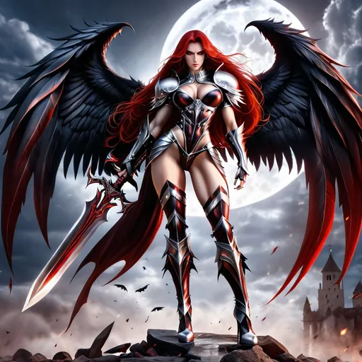 Prompt: Demonic Angel, gorgeous ultra-muscular 25-year-old Serbian bodybuiler with ridiculously Long dark red Hair, long muscular legs, Demonic Eyes, Angel WIngs, Full Body, Armor, 8 inch stiletto high heel armour boots, Legendary Sword, Holy, Blood, Raven and Moon in Background