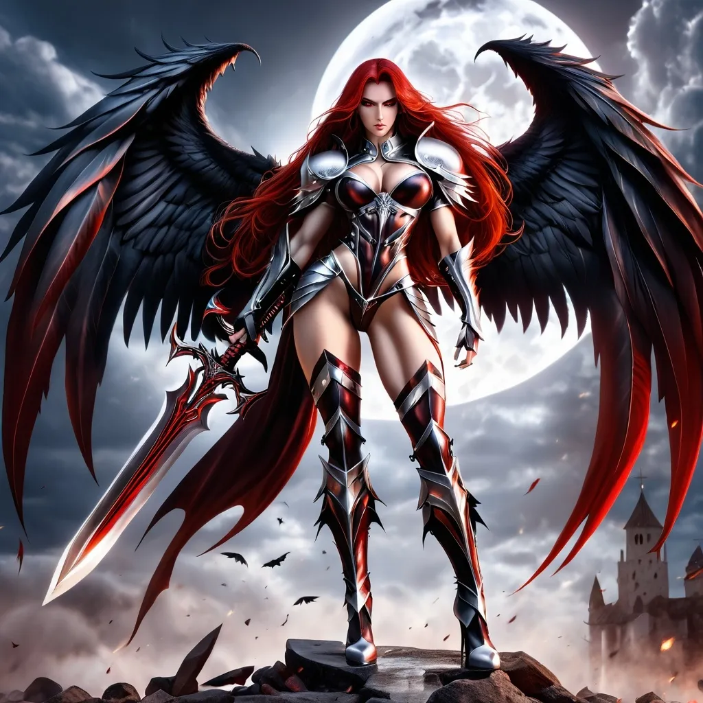 Prompt: Demonic Angel, gorgeous ultra-muscular 25-year-old Serbian bodybuiler with ridiculously Long dark red Hair, long muscular legs, Demonic Eyes, Angel WIngs, Full Body, Armor, 8 inch stiletto high heel armour boots, Legendary Sword, Holy, Blood, Raven and Moon in Background