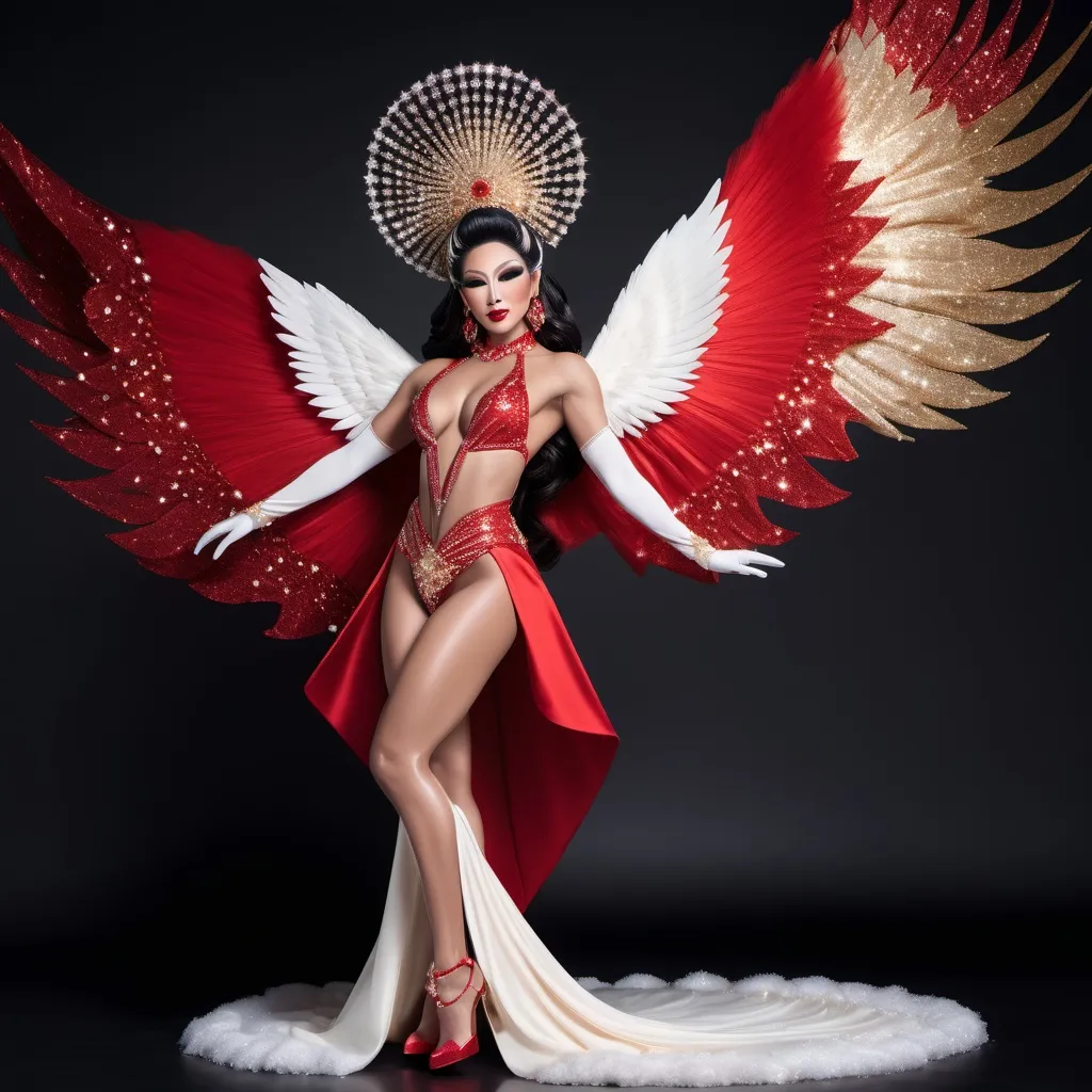 Prompt: Ultrarealistic full-body shot of a beautiful muscular Japanese drag queen, captured off-center, with visible legs and feet. She is adorned in celestial, otherworldly dark attire complemented by shades of red and cream. Her outfit is further enhanced with exquisite white and golden accessories, dominated by luxurious white sparkling diamonds. Natural moonlight bathes her features, adding a subtle depth, and a blurred, smoky black-and-white cloudy background with an oversized moon isolates her radiant form. This luxurious and luminous composition ensures her full-body figure stands out, from head to toe.