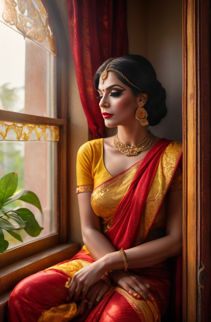 Prompt: a drag queen in a red and yellow sari sitting on a window sill looking out the window of a house, Ella Guru, samikshavad, jayison devadas, a photorealistic painting