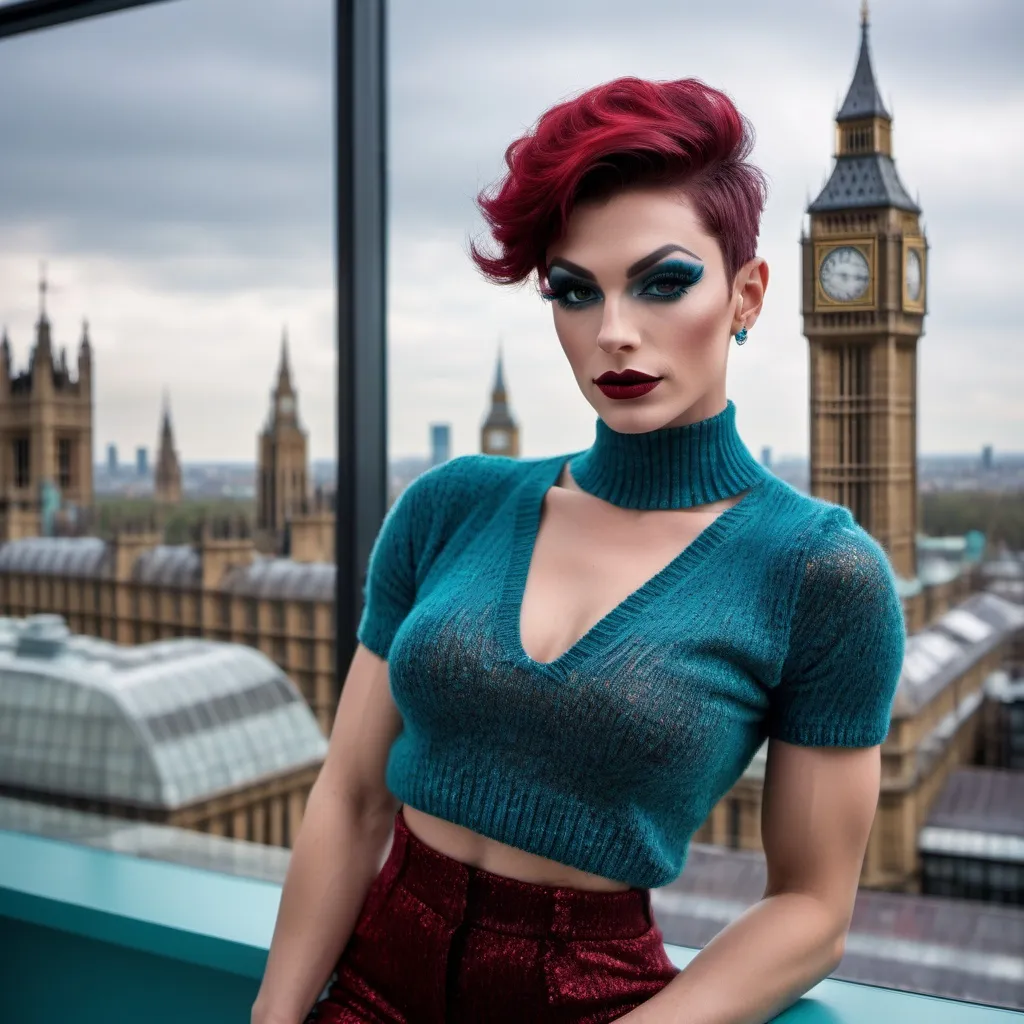 Prompt: Gorgeous muscular 25-year-old French drag queen with strong masculine jawline,  very short dark red hair, dark eyeshadow, and dark lipstick, in the CAD office wearing chenille knitted wrist in teal blue and red gradient, next to the window with London city and Big Ben view