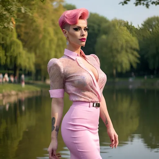 Prompt: Gorgeous ultra-muscular 25-year-old Czechian drag queen  (masculine jawline and brow facial features) with big busom, and short pink pixie haircut, she walks along a lake in a park. Wearing 8 inch stiletto high heel shoes, sheer nylon tights, a knee-length pencil skirt and a matching wrap-around blouse (showing cleavage).