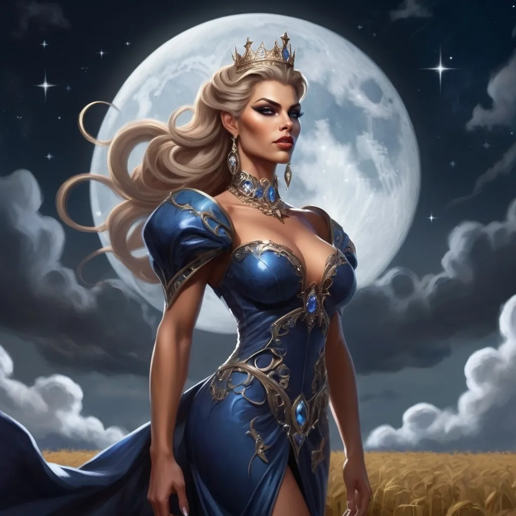 Prompt: The Queen Of Time And Space, a gorgeous muscular drag queen (with strong masculine jawline and brow facial features), Dark blonde hair and big busom, in a midnight blue dress standing in a field of clouds and stars with a full moon behind her, Anne Stokes, fantasy art, epic fantasy character art, concept art