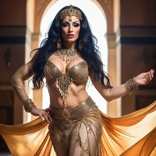 Prompt: A gorgeous, very muscular,  35-year-old Egyptian drag queen belly dancer, with large busom and long black hair, performing gracefully, dressed in an ornate, shimmering outfit with intricate beadwork and flowing fabric. Her hands are elegantly raised above her head, fingers delicately posed, creating a sense of motion and allure. The setting is softly lit with warm, golden tones, enhancing her vibrant costume and the glow of her skin. Background features faintly blurred patterns reminiscent of a Middle Eastern palace, with rich textures and colors. The scene captures her movement mid-dance, with the fabric of her skirt swirling gently around her