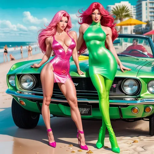 Prompt: Gorgeous ultra-muscular 25-year-old Finnish goddess bodybuilder with huge busom, and ridiculously long  pink hair (((blowing in the wind))), long muscular legs, wearing thigh-high 6 inch stiletto high heel boots and a tight gold satin button up mini-dress standing next to a shiny 1968 Ford Mustang convertible ((( neon mint green))) car parked along a beach in Daytona Beach, flirty expression, defined muscles, photorealistic, hyperdetailed, 8K, photograph, colour film