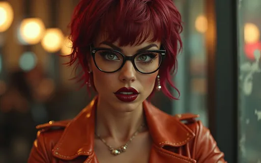 Prompt: Gorgeous muscular cyberpunk drag queen Velma Dinkley, with glasses, great legs, crystal high heels,  dark lipstick.