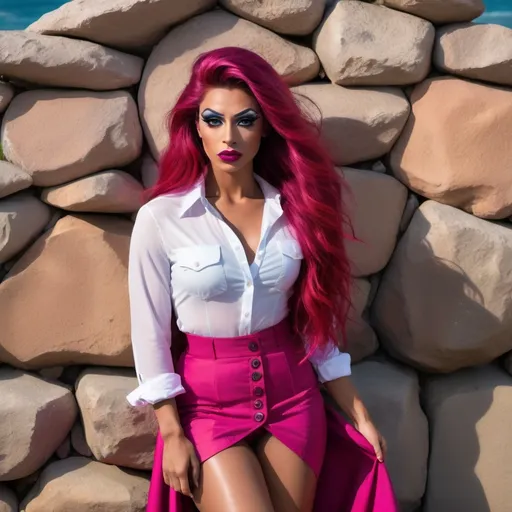 Prompt: (Stunningly beautiful muscular) olive-skin 25-year-old Dutch drag queen, (blue eyes), (very long flowing hair in mixed shades of red-magenta), symmetrical face, immaculate makeup, dark red lipstick, button-up white blouse, neon red skirt with cargo pockets, 6 inch stiletto high heel shoes, standing next to a stone wall, beach and ocean background, sunset daylight, dynamic pose, high-res, pro photo, beach scene, flawless facial features, alluring expression, professional photography, warm and vibrant colors, natural lighting, 8k, sharp focus, high quality, luxurious fabrics.