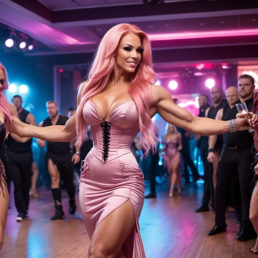 Prompt: Gorgeous ultra-muscular 25-year-old caucasian Finnish goddess bodybuilder with huge busom and ridiculously long flowing stylish pink hair wearing a stylish fringed dress, corset,  and 8 inch stiletto high heel shoes, walking onto the dance floor.  