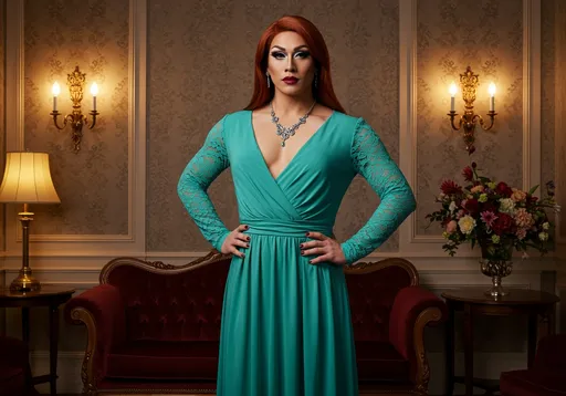 Prompt: Set against an opulent backdrop of intricately designed walls and elegant furnishings, a muscular 35-year-old Japanese drag queen (with dark eyeshadow, dark red lipstick, dark red manicured fingernails) stands poised in a lavish aqua-colored gown that features a deep V-neck and delicate lace sleeves. The muscular 35-year-old Japanese drag queen’s sophisticated look is complemented by a long burnt orange sleek hairstyle and tasteful jewelry, including a statement necklace. She confidently rests one hand on her hip, projecting an air of grace and elegance amidst the sumptuous decor, which includes a rich burgundy sofa and an ornate table with a floral arrangement. The warm lighting from ornate wall sconces casts a soft glow over the scene, enhancing its luxurious atmosphere and conveying a mood of refined beauty and sophistication.