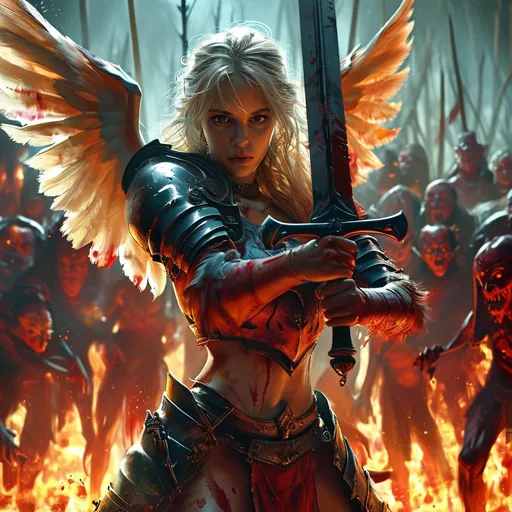 Prompt: Gorgeous angel warrior fighting her way through hell with only a large sword. Bloody demon hoard in background.