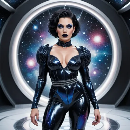 Prompt: Gorgeous muscular 35-year-old Romanian drag queen bodybuilder (with large busom, dark eyeshadow,  dark lipstick,  and short sassy black hair), in a Chanel outer space look, (high fashion) in a cosmic setting, (futuristic) garments with glittering textures and unique cuts, stars and planets sparkling in the background, (deep blue and silver tones) creating a dreamlike atmosphere, dramatic lighting that highlights intricate details of the clothing, (elegant) poses showcasing style, (ultra-detailed) and vivid imagery, atmosphere as if in an interstellar boutique.