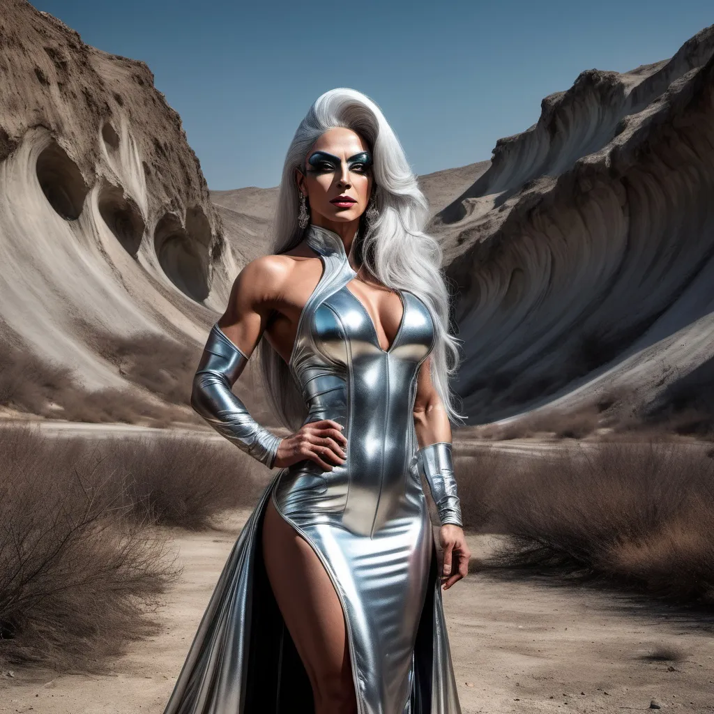 Prompt: A gorgeous ultra-muscular 25-year-old Turkish drag queen bodybuilder with long silver shiny hair wearing a 25th century gown, posing in a field of a dystopian future.