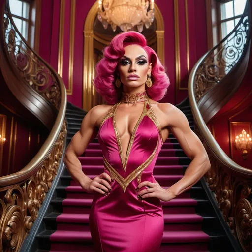 Prompt: High-resolution, cinematic-style photograph featuring a gorgeous ultra-muscular 25-year-old Romanian drag queen bodybuilder with fair skin and fuchsia hair styled in elegant waves. Wearing a bronze and red gorgeous Versace dress with a high neck line. She is standing on an ornate staircase in a grand, opulent interior.