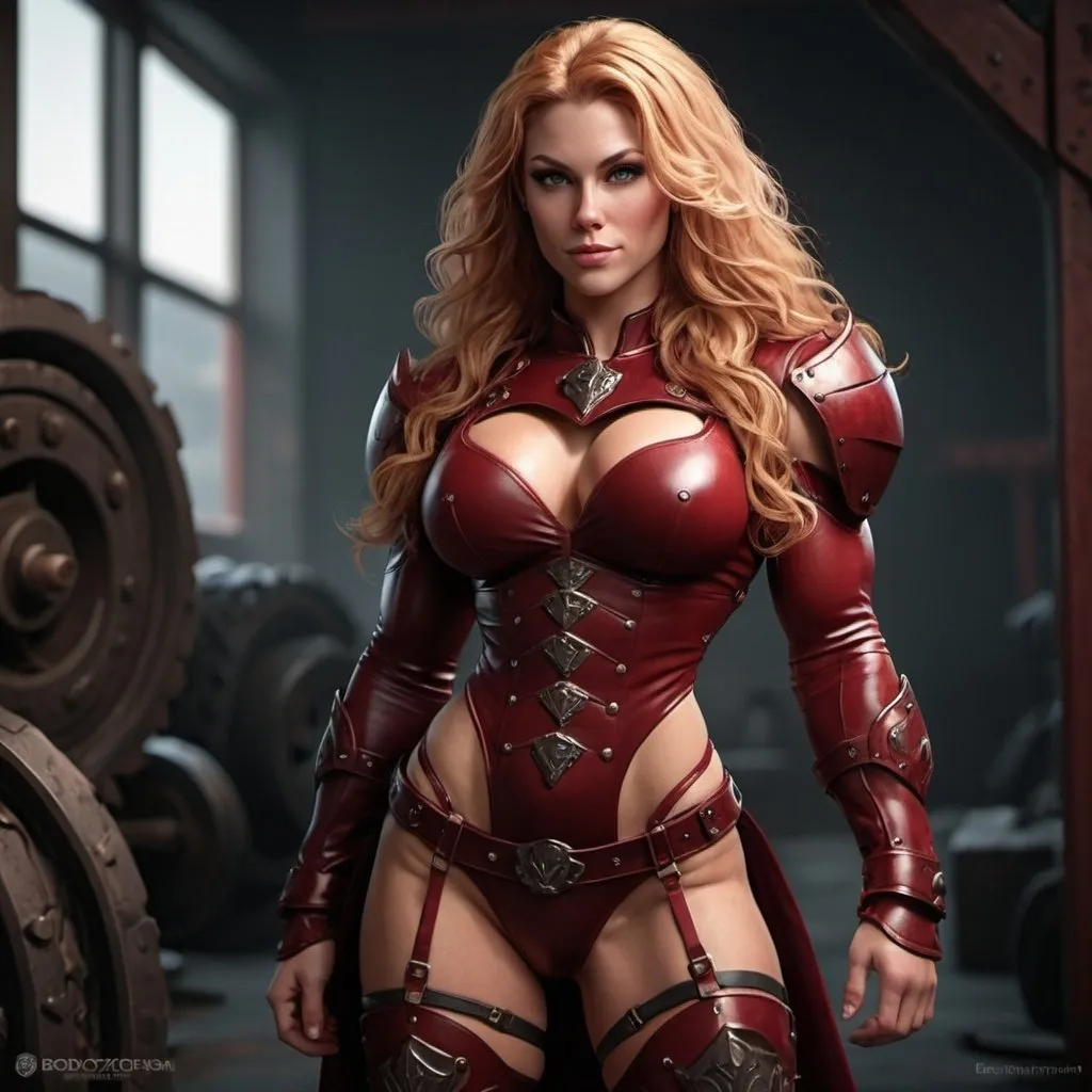 Prompt: Digital Art, gorgeous ultra-muscular 25-year-old viking goddess bodybuilder with huge busom and ridiculously long wavy strawberry-blonde hair, dark red gear, dark red clothes, subtle smile, dark red eyes, a dark red long-sleeve shirt, textured skirt down to knees, dark red pants, dark red armor, 8 inch stiletto high heel boots, dark red gear, unreal engine 64k octane, hdr, 3d lighting, full body, full armor