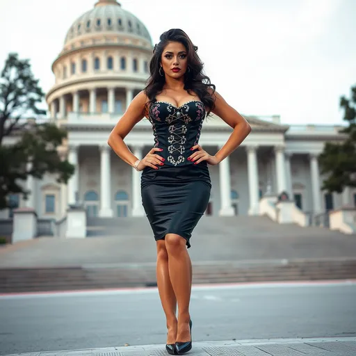 Prompt: A gorgeous 25-year-old Czechian drag queen with a muscular physique and long wavy dark brown hair wearing a sequined corset, Knee-length pencil skirt and 8 inch stiletto high heel.  Dark smoky eyeshadow and dark red lipstick. Standing in front of the Capitol building.