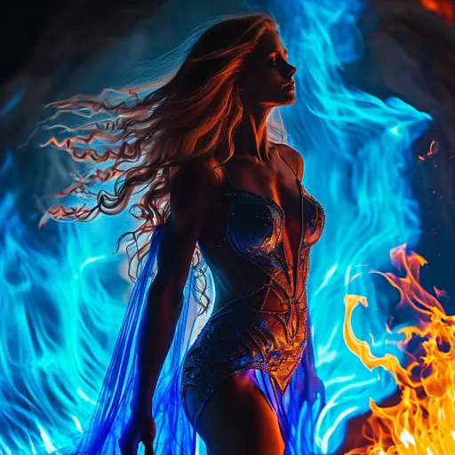 Prompt: Gorgeous ultra-muscular 25-year-old Swedish bodybuilder dancing on blue flame, silhouette, lava, long flowing blue flame gown, huge busom, long wavy fiery hair, long muscular legs, very muscular dancing female, mystical background, 