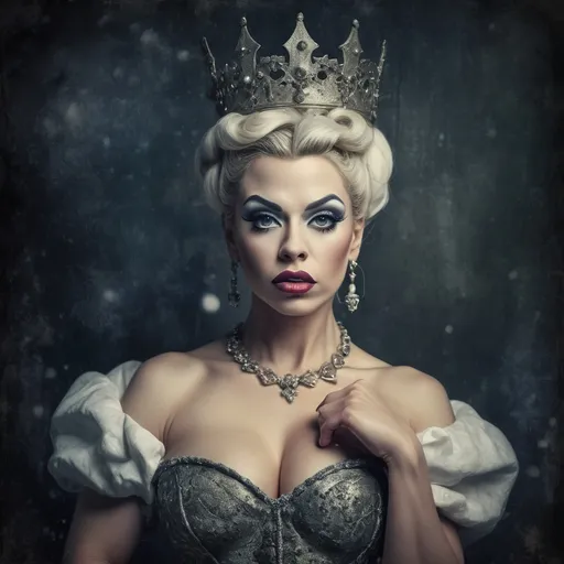 Prompt: Grunge medieval Cinderella drag queen bodybuilder (strong drag queen facial features), impasto, old picture effect, whimsical, highres, detailed, medieval, impasto, old picture effect, grunge, Snow White, fairy tale, dark tones, atmospheric lighting