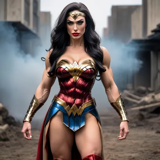 Prompt: Gorgeous ultra-muscular 25-year-old Baltic drag queen bodybuilder Wonder Woman (((DC Comics))) with large busom and long black shiny hair, 8 inch stiletto high heel boots. Twirling her golden lasso on a battlefield. 