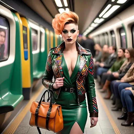 Prompt: photorealistic, (8K), beautiful curvy tall Polish drag queen model, strong masculine jawline and brow, dark eyeshadow and dark lipstick, chestnut pixie spiked hair, striking green eyes, colorful geometric pattern leather jacket, stylish apricot blouse, herringbone pattern pencil skirt, fashionable boots, elegant leather shoulder bag, crowded London Metro station environment, vibrant atmosphere, high detail, soft lighting, professional photography, urban setting, lifelike representation.