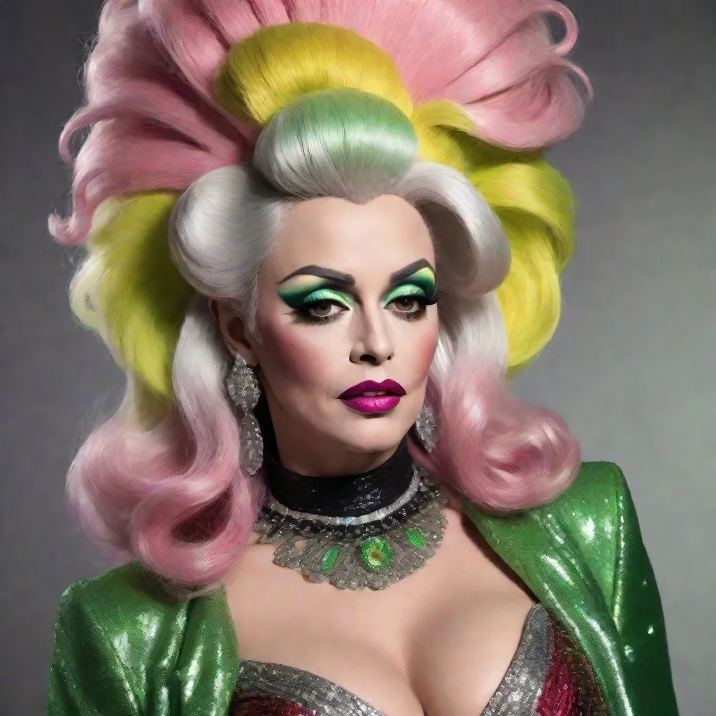 Prompt: image of James Dean dressed as a gorgeous 45-year-old (((full figured))) Czechian drag queen with very long professionally styled silver & black hair, wearing a flamboyant, yet conservative pink yellow and green Bob Mackie designer Gown, heavy eye makeup,  dark red lipstick, posing in a smokey Cabaret. hyper-realistic quality, ultra-detailed 4K imagery.