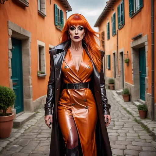 Prompt: High resolution 32k hyper realistic photograph of a gorgeous muscular 35-year-old French drag queen with dark eyeshadow, dark lipstick, and long orange stylish bangs hairstyle, wearing a long draping leather trenchcoat with beautiful shiny patina with large lapels in tall leather boots , walking in an Italian village , full body shot, 8k, sharp focus, hyperrealism, 32k resolution , emitting diodes, beautiful, see the camera, Chiaroscuro , detailed octane render 8k, trending on artstation
