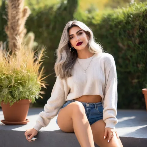 Prompt: Standing confidently in a sunlit outdoor setting, a Gorgeous, very muscular, suntanned, 21-year-old, suntanned, Greek drag queen (with strong masculine facial features, dark lipstick, huge busom, silver hair) showcases a stylish outfit that blends casual and chic elements. She wears a light beige, oversized sweater paired with denim shorts, highlighting her fashion-forward choice while exuding a relaxed vibe. Her tall, cream-colored boots add a playful contrast, completing her look with a touch of elegance. The backdrop features lush greenery, with desert-like plants and trees casting soft shadows, suggesting a warm, pleasant day that complements her bright smile and cheerful demeanor. The composition captures a moment of poise and joy, embodying a carefree spirit.