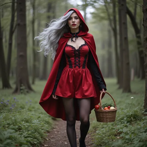 Prompt: Gorgeous 25-year-old (caucasian) muscular Austrian drag queen ((strong masculine jawline and brow)) with fit figure, and ridiculously long wavy silver hair (((blowing in the wind))), dressed as Little Red Riding Hood, black sheer nylon stockings, and 8 inch stiletto high heel shoes, walking through the forest carrying a basket of food.