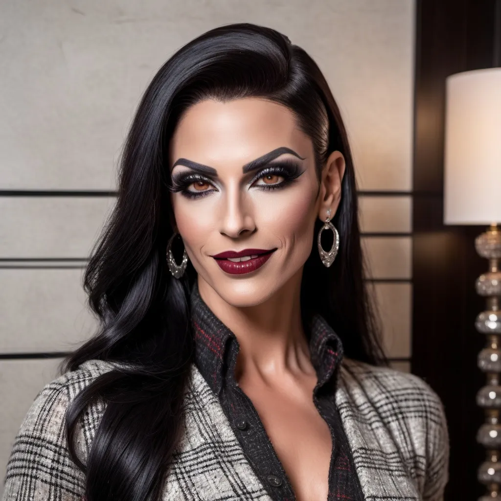 Prompt: Gorgeous muscular 35-year-old Israeli drag queen (strong masculine jawline and brow) with long straight shiny black hair, dark smoky eyeshadow and dark red lipstick, smile, silver jewels, chic white blouse, tweed sweater vest, plaid pencil skirt, standing profile in a luxe lobby, well lit, high detail & quality, 8k, pro photo.