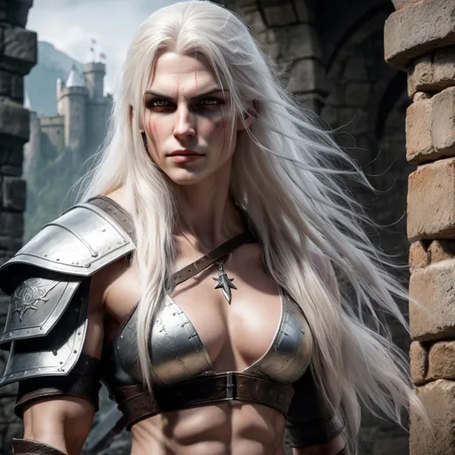 Prompt: Creates a gorgeous and Realistic image of a Muscular transwoman version of Geralt of Rivia with long flowing platinum blonde hair,  in the midst of battle in a castle.