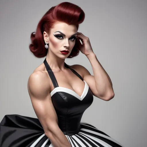 Prompt: Very detailed and hyper realistic gorgeous muscular 25-year-old Russian drag queen bodybuilder with dark red 1950s styled hair, wearing a hyper realistic and very detailed black and white Prada dress 64k, ultra hd, 3d quality  500mpx reflex 