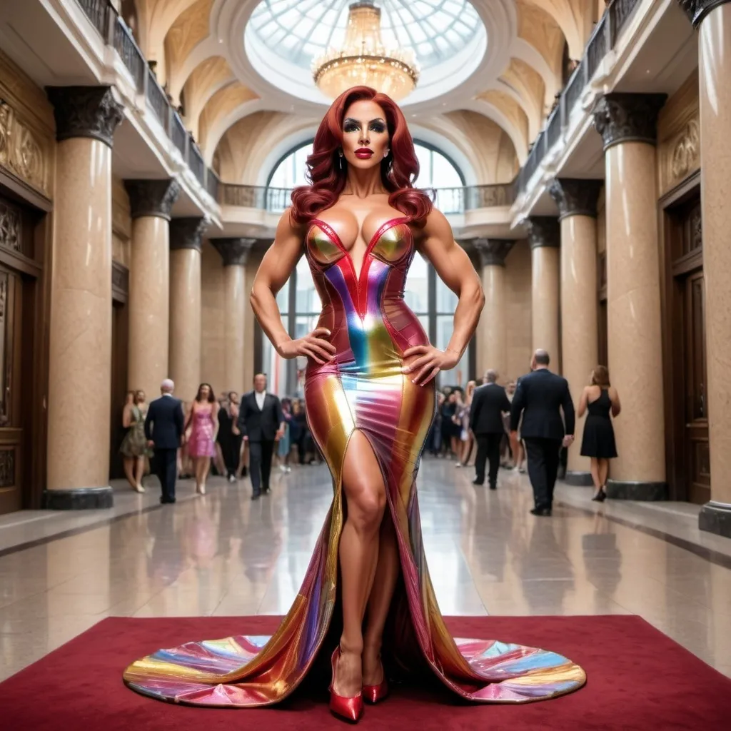 Prompt: Very detailed and hyper realistic full-length photo of a gorgeous muscular 35-year-old Armenian drag queen bodybuilder with 1950s styled Dark red hair wearing a hyper realistic and very detailed multicolored Paco Rabanne dress 64k, ultra hd, 3d quality  500mpx reflex red carpet starirway awards 