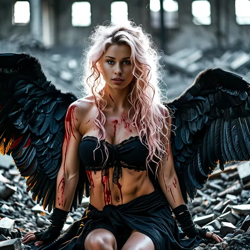 Prompt: Gorgeous ultra-muscular 25-year-old Finnish angel with huge busom and ridiculously long flowing platinum pink hair, wrapped dirty robes covered in blood, large broken, bloody wings, on her knees in the middle of rubble.