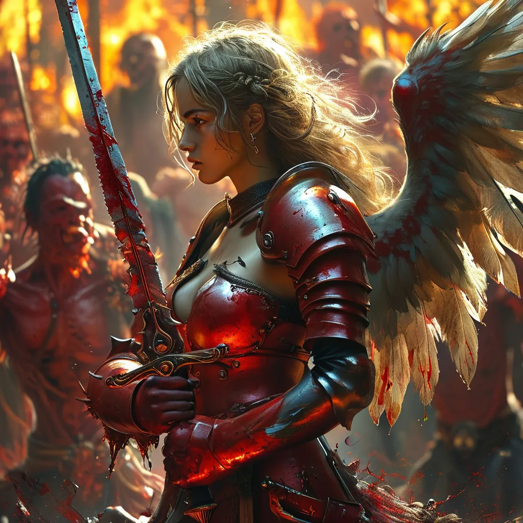 Prompt: Gorgeous angel warrior fighting her way through hell with only a large sword. Bloody demon hoard in background. 