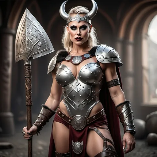 Prompt: Generate a highly photorealistic portrait full body shot of a gorgeous muscular 35-year-old Viking Valkyrie drag queen (strong masculine jawline and brow features) with large busom, holding a magical spear, silvery viking armor with runes, dark red lipstick, thick legs, over knee boots. She is looking down while standing. She is standing in an ancient Viking city.